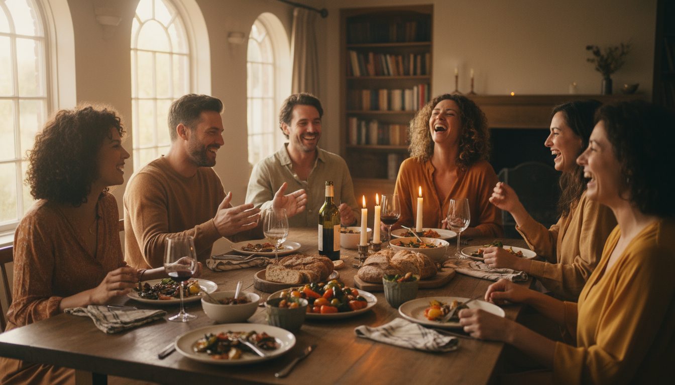 Friends laughing together around a candlelit dinner table set with bread, roasted vegetables, and wine.